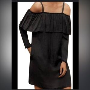 Wilfred Brosset Off Shoulder Black Satin Ruffle Dress with Pockets. Size XS.